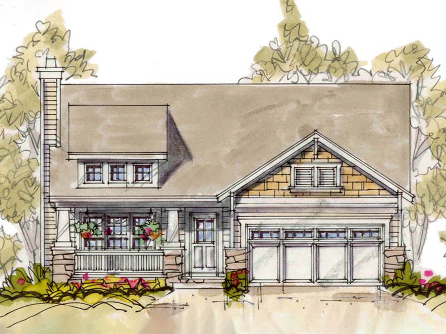 *preliminary market rendering of The Gutenberg, a 3-bed, 2-bath home under 1,200 sq ft. that combines charm with practicality. You see the 2-car garage on the right, and on the left a large fenced front porch with columns. It has the appearance of a 2-story home with false dormers above the porch on the tall gable roof. *preliminary market rendering of The Gutenberg, a 3-bed, 2-bath home under 1,200 sq ft. that combines charm with practicality. You see the 2-car garage on the right, and on the left a large fenced front porch with columns. It has the appearance of a 2-story home with false dormers above the porch on the tall gable roof.